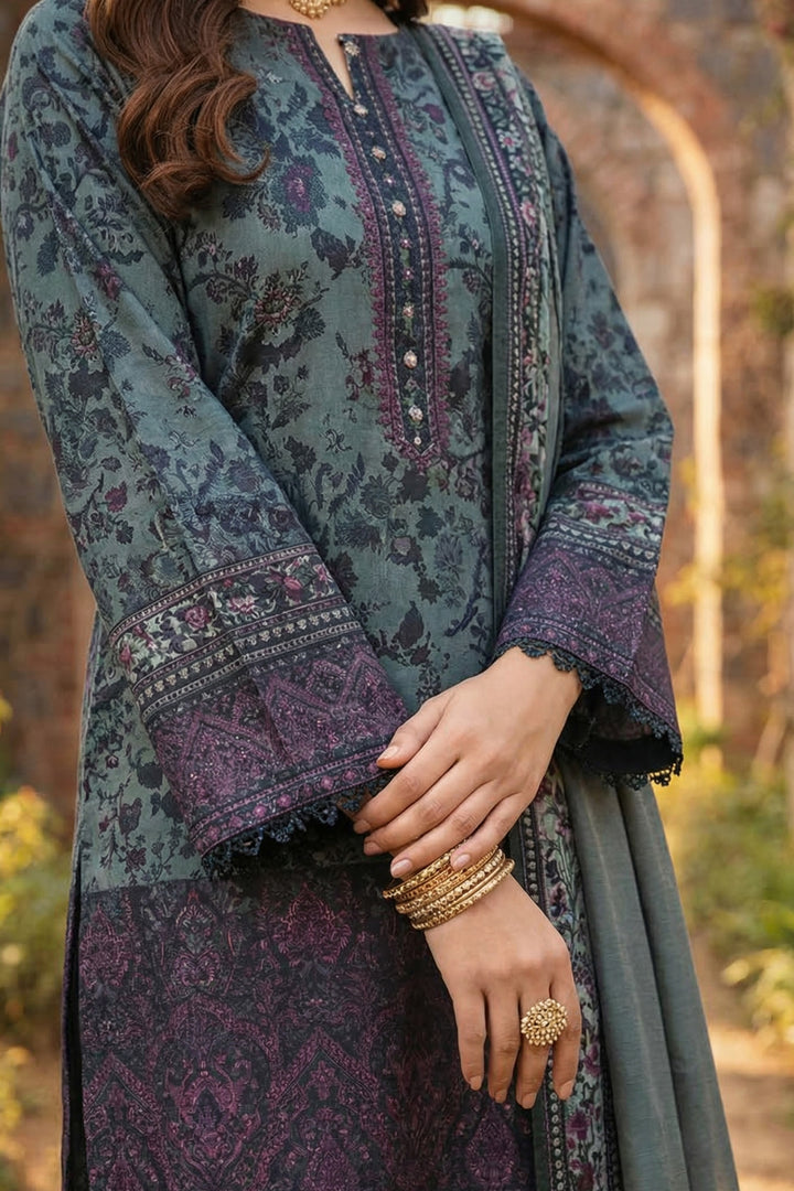 3 Piece Unstitched Feldgrau Green Premium Printed Lawn