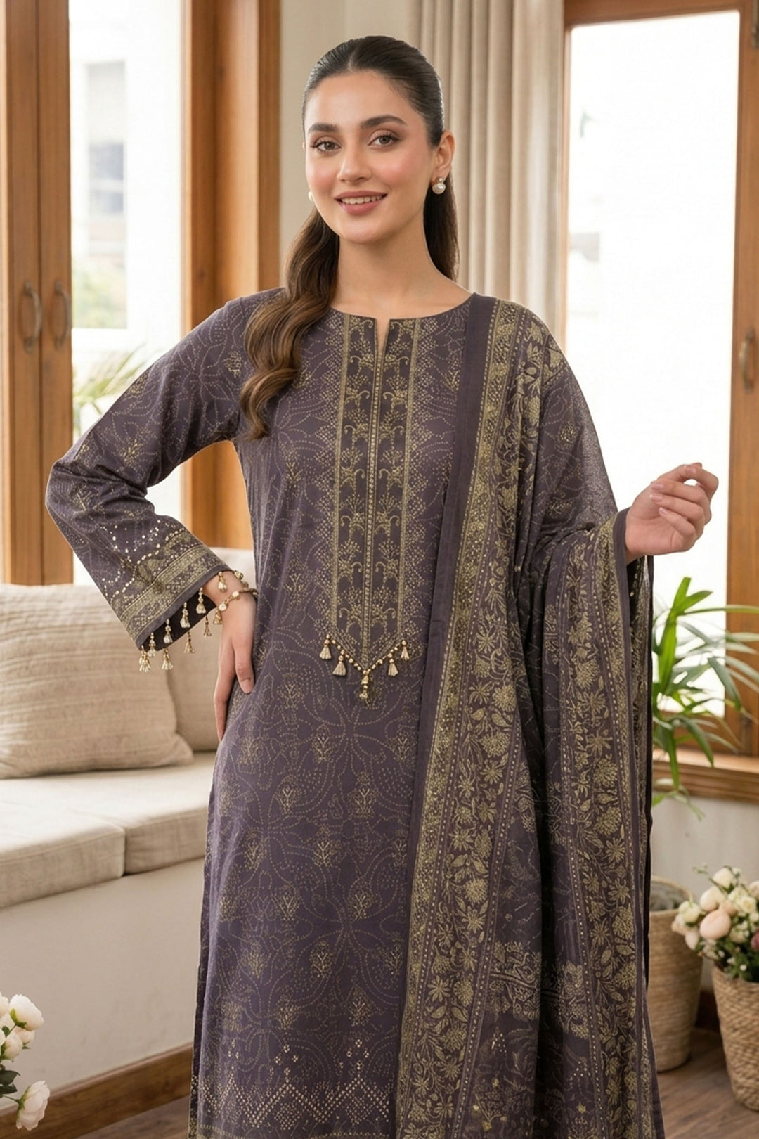 Purple Taupe 3 Piece Unstitched Premium Printed Lawn