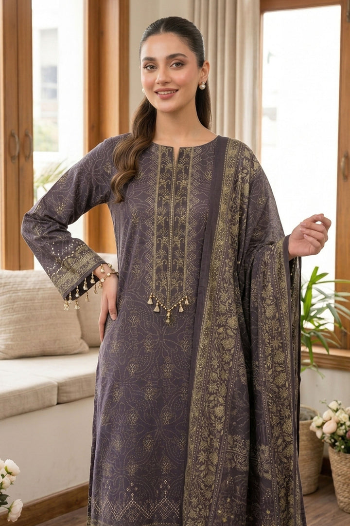 Purple Taupe 3 Piece Unstitched Premium Printed Lawn