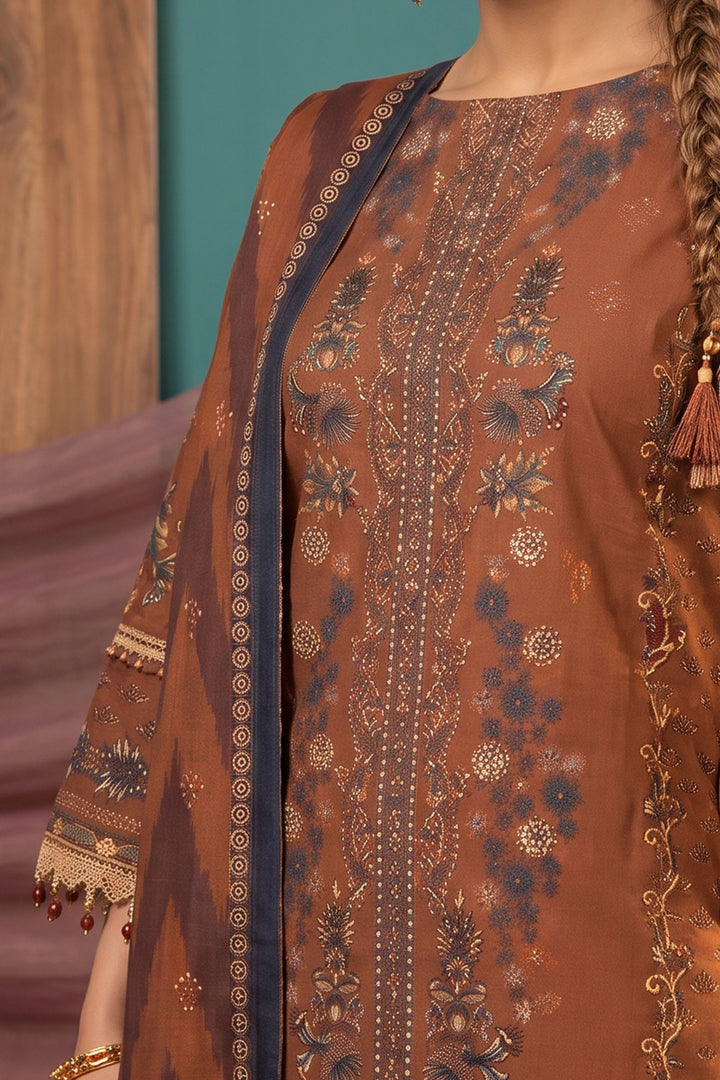 Dark Brown 3 Piece Unstitched Premium Printed Lawn
