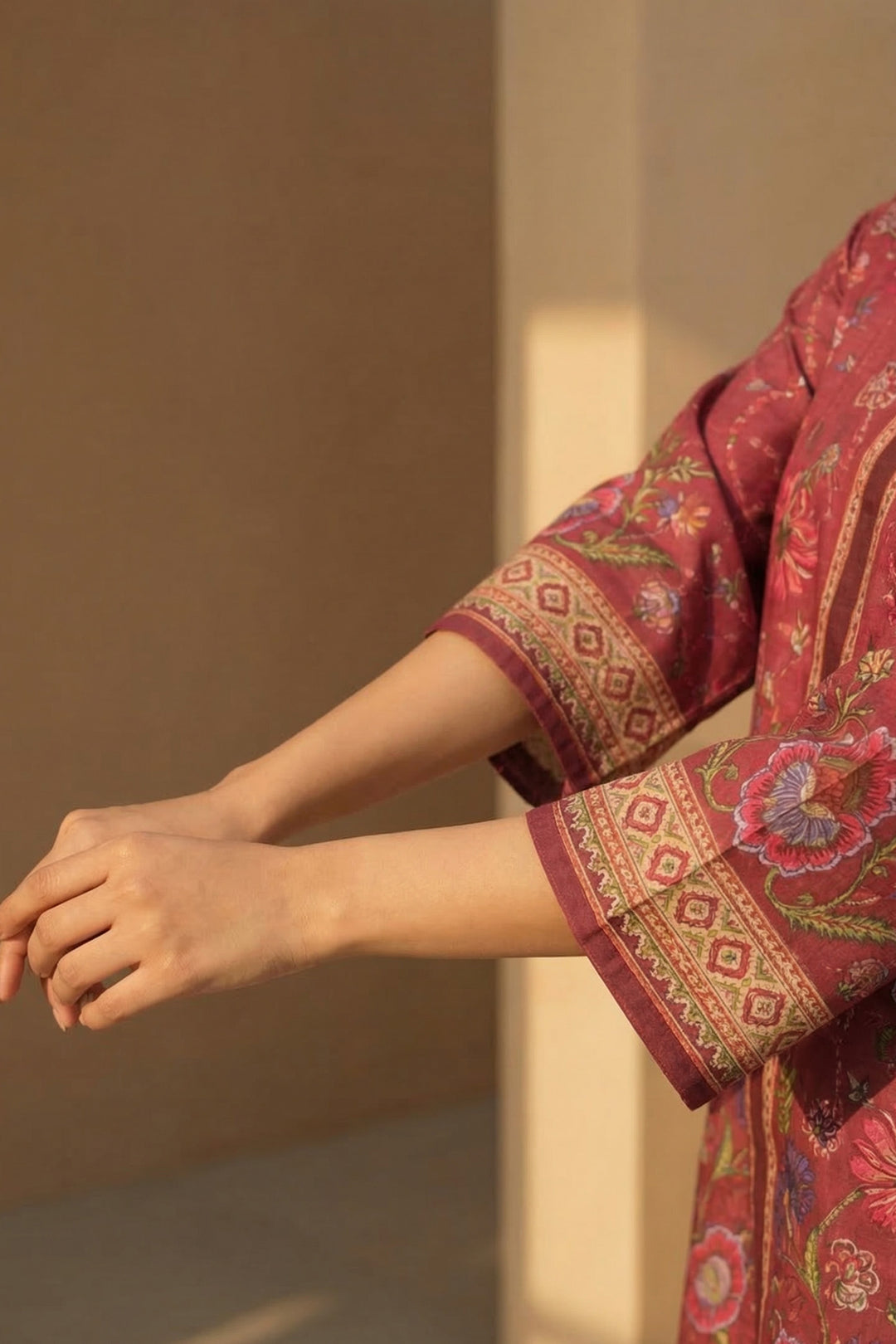 Brick Red 2 Piece Unstitched Printed Cambric Co-Ord Set