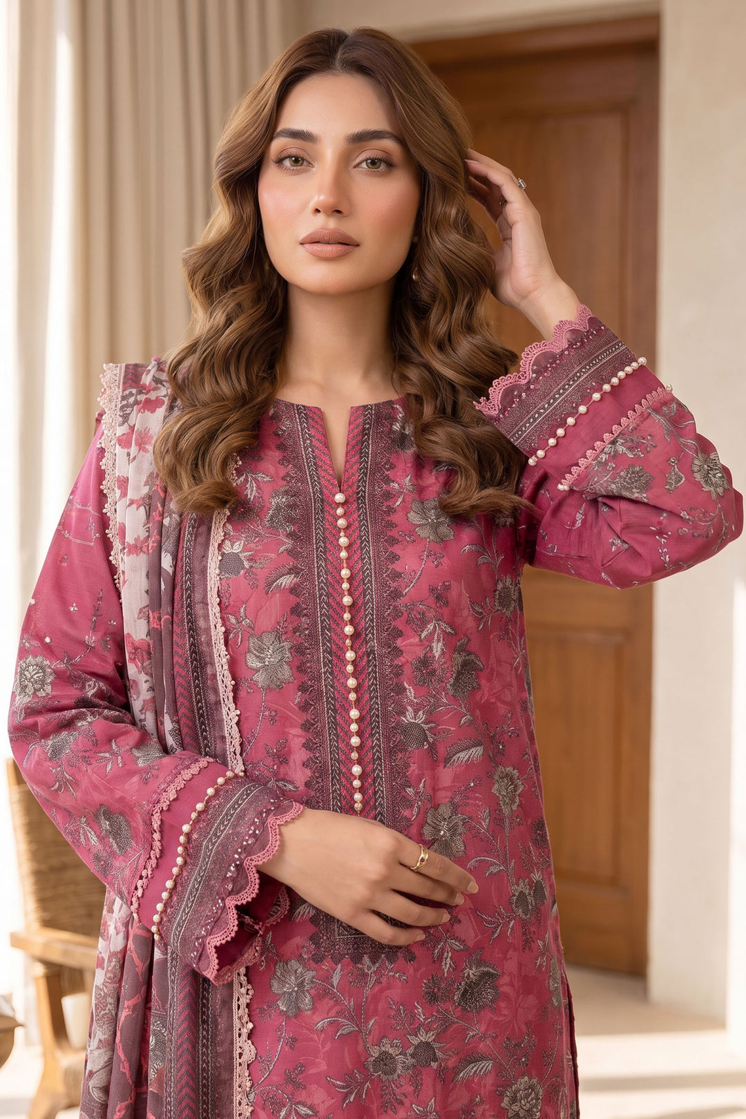 Pinkish Red 3 Piece Unstitched Premium Printed Lawn