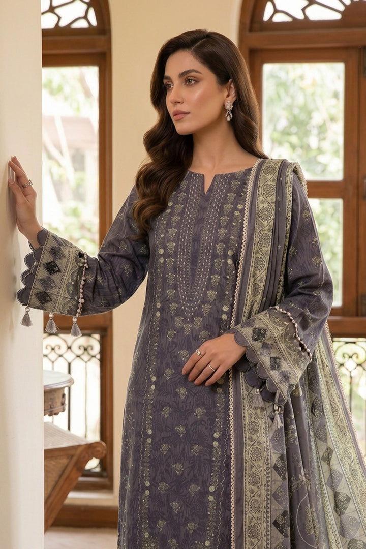 Purple Taupe 3 Piece Unstitched Premium Printed Lawn