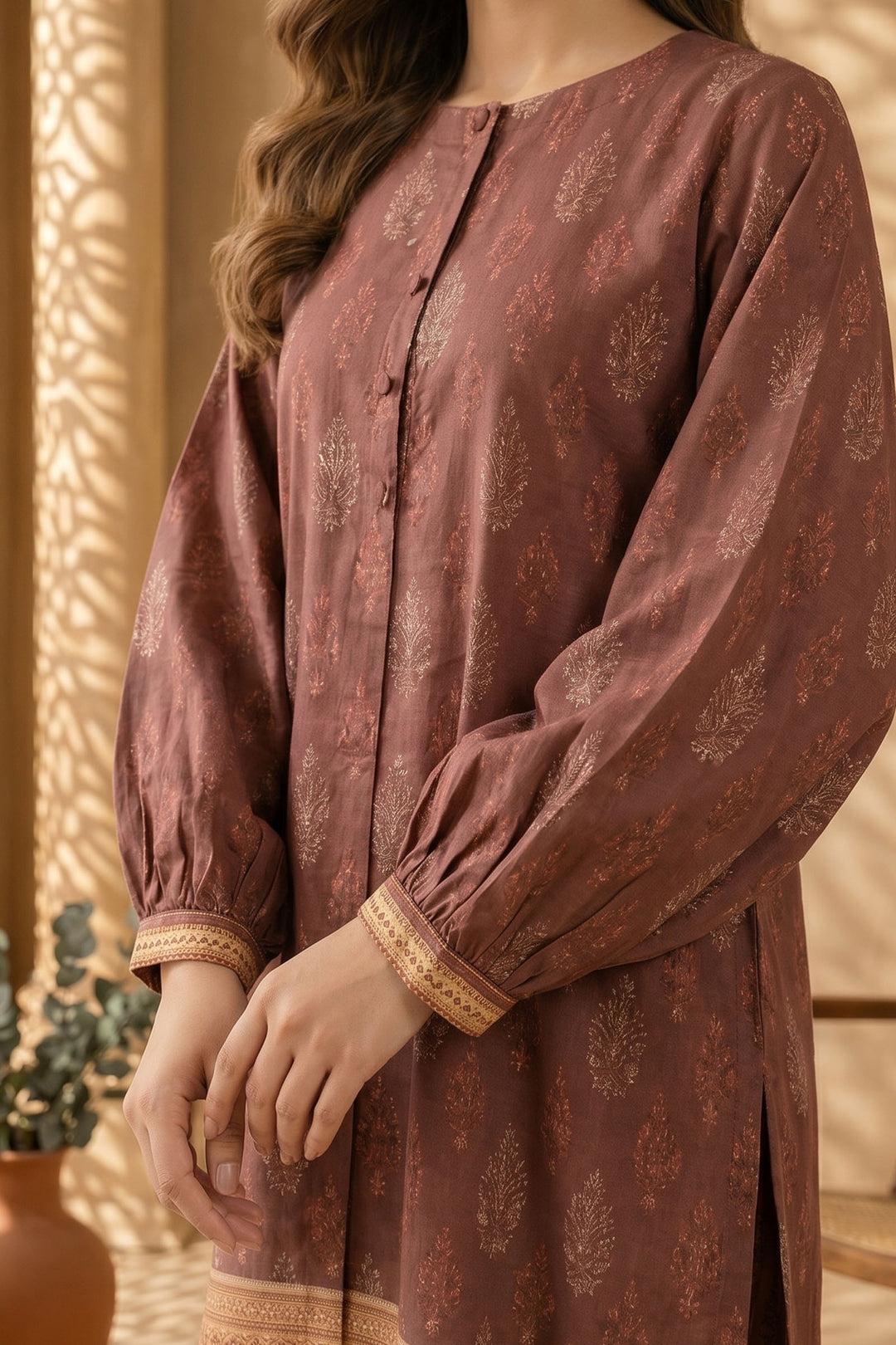 Coffee 2 Piece Unstitched Printed Cambric Co-Ord Set