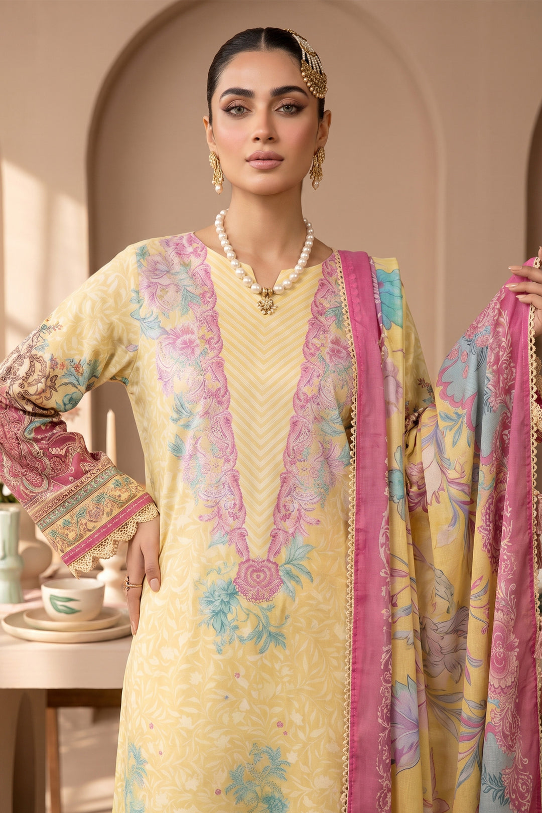 Light Yellow 3 Piece Unstitched Premium Printed Lawn