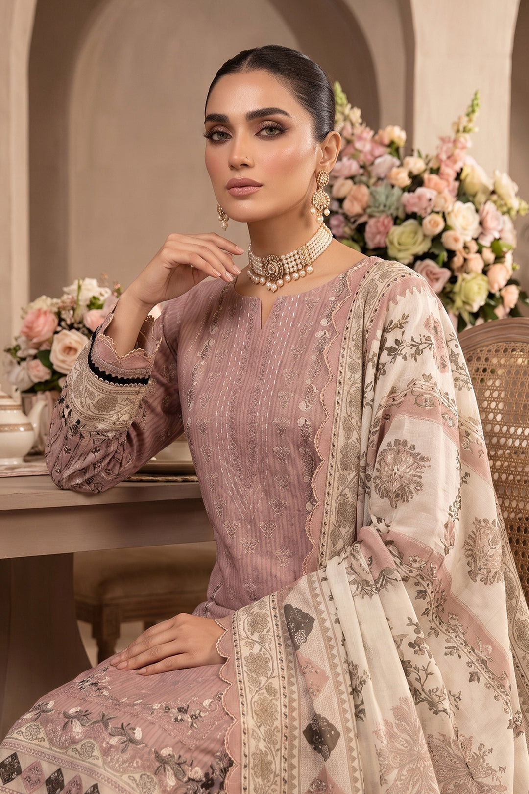 Dusty Pink 3 Piece Unstitched Premium Printed Lawn