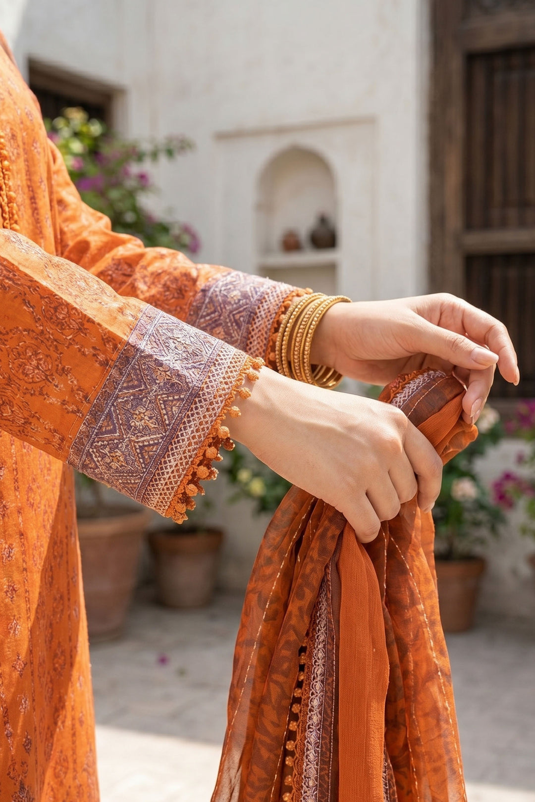 3 Piece Unstitched Orange Premium Lawn