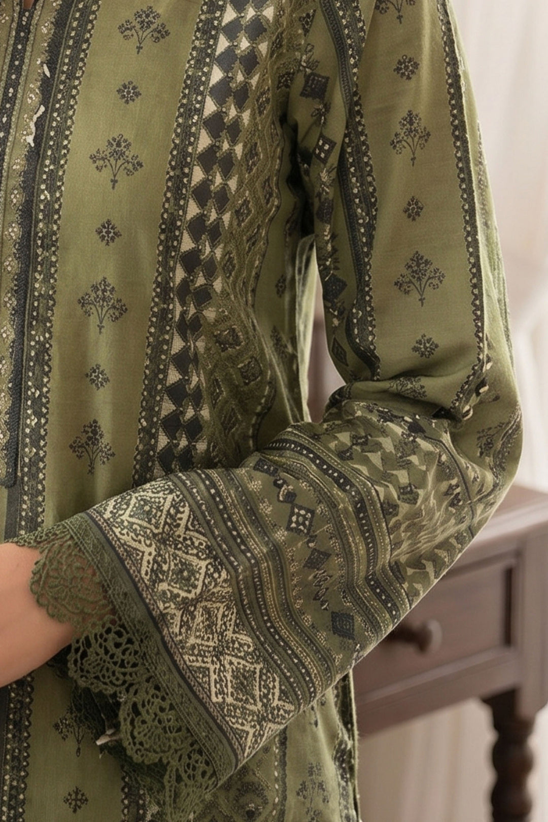 Olive Green 3 Piece Unstitched Premium Printed Lawn