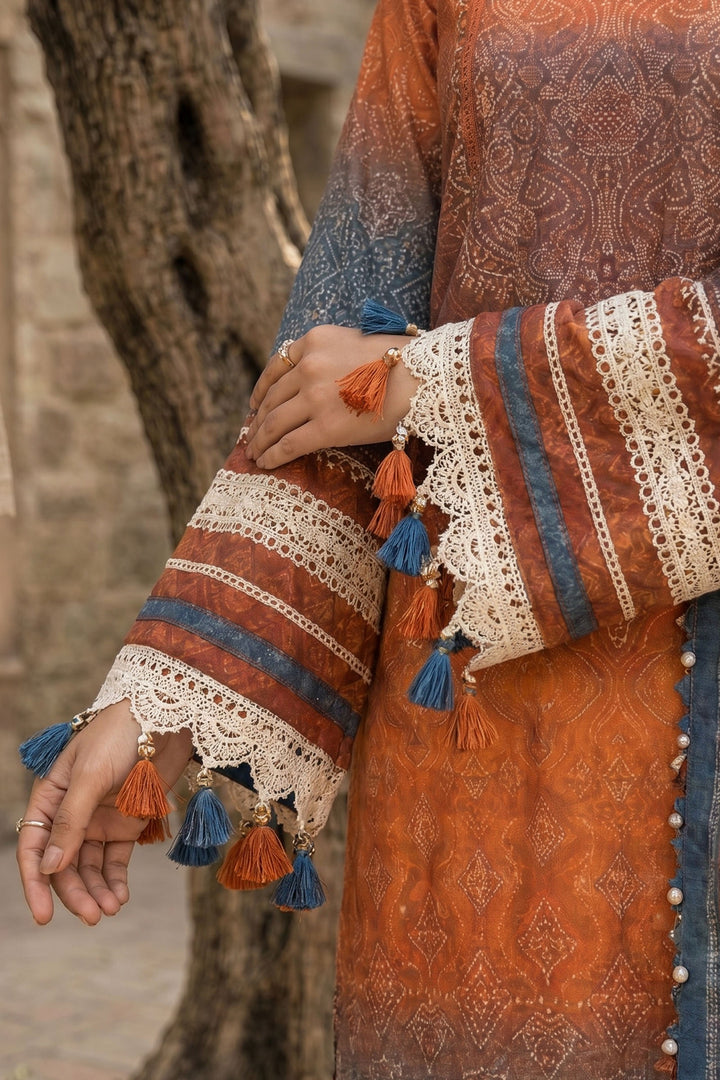 Orange 3 Piece Unstitched Premium Printed Lawn