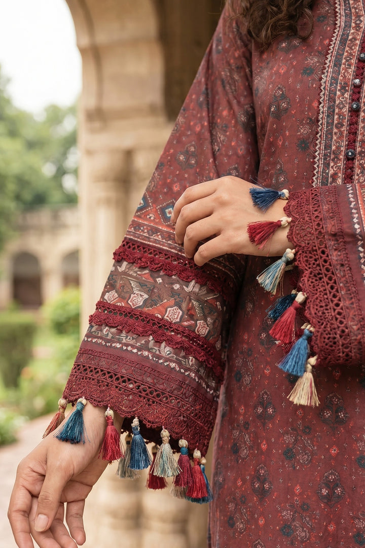 Wine 3 Piece Unstitched Premium Printed Lawn