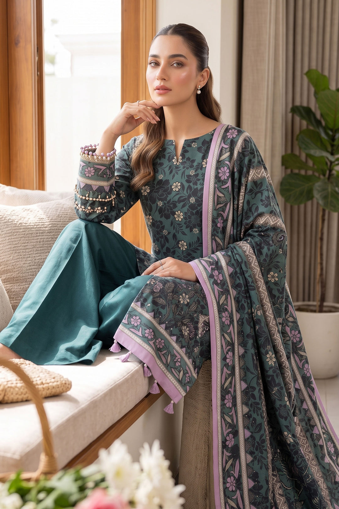 Green 3 Piece Unstitched Premium Printed Lawn