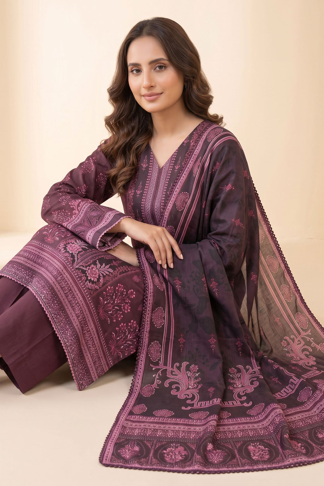 3 Piece Unstitched Plum Premium Linen