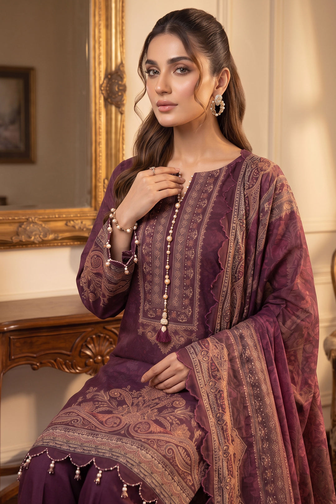 Wine 3 Piece Unstitched Premium Printed Lawn
