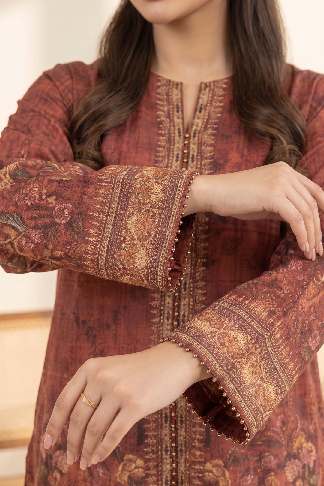 Red Brown 2 Piece Unstitched Printed Cambric Co-Ord Set