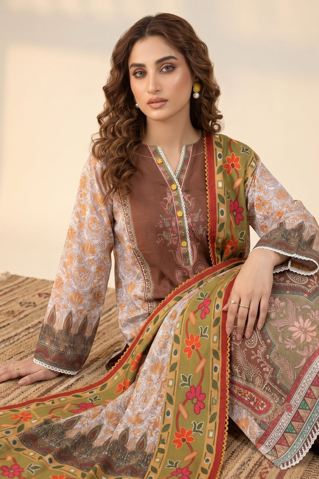 3 Piece Unstitched Brown Khaddar