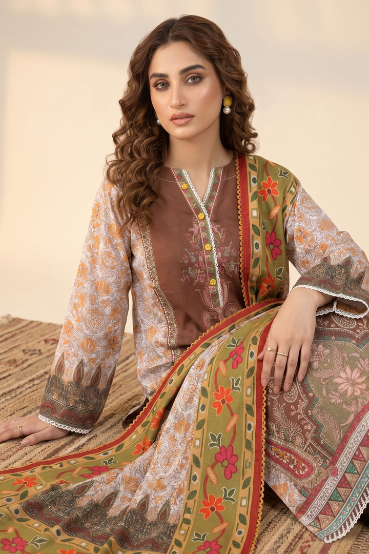 3 Piece Unstitched Brown Khaddar