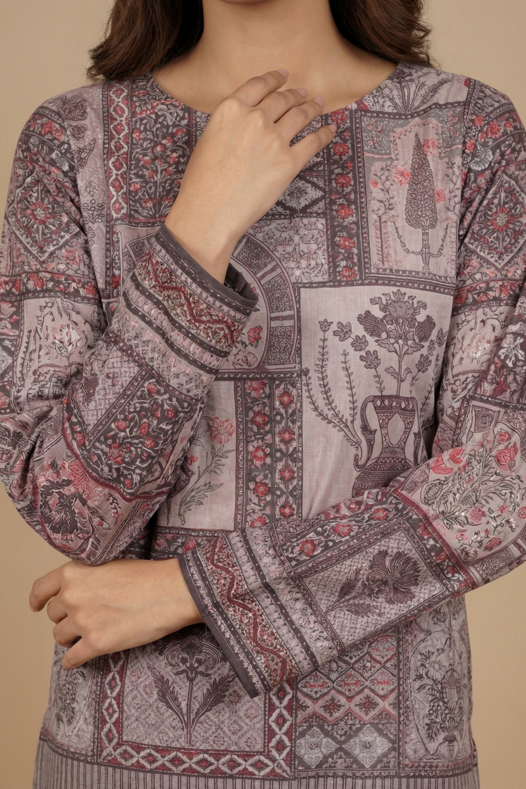 Medium Taupe 2 Piece Unstitched Printed Cambric Co-Ord Set