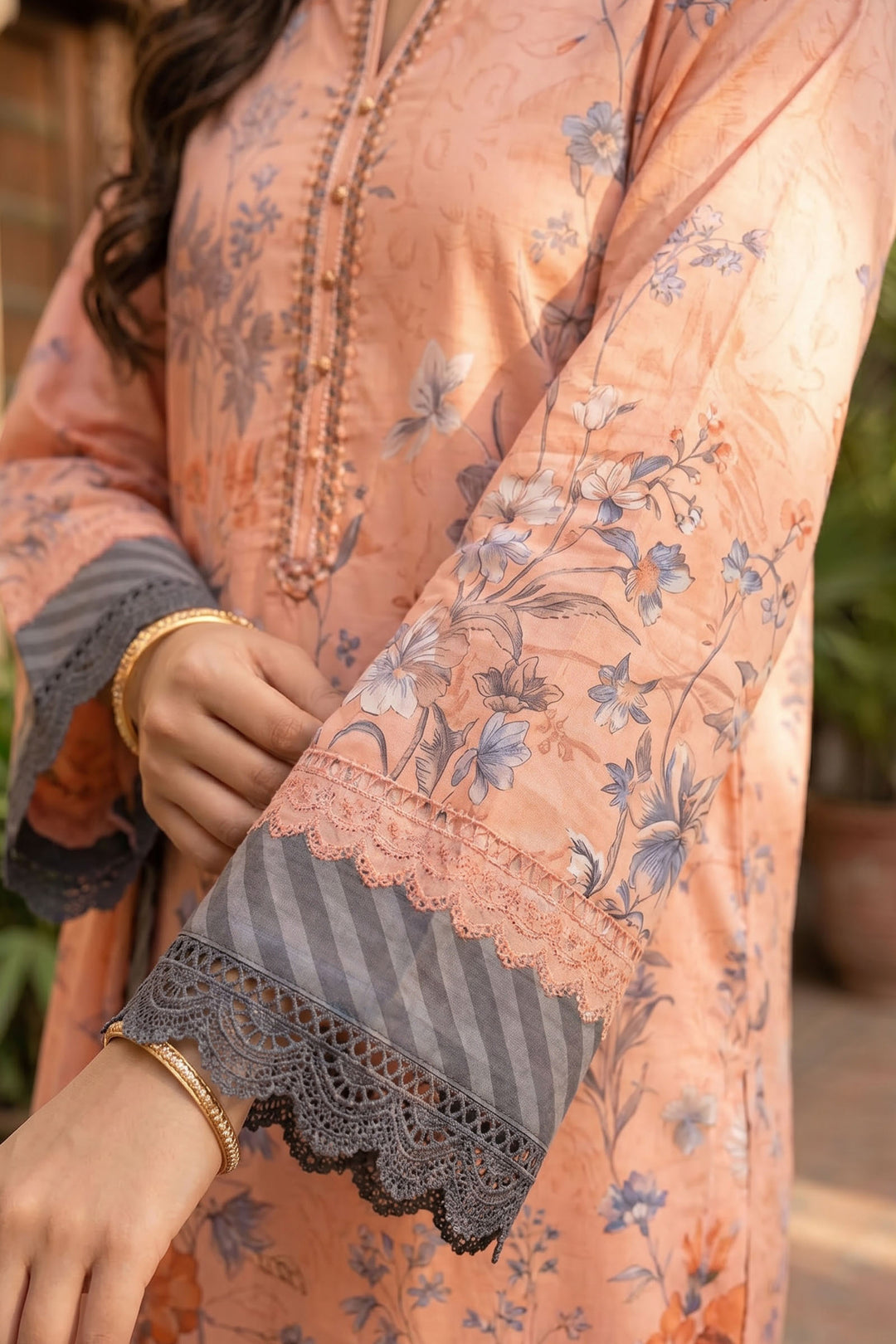 Peach 3 Piece Unstitched Premium Printed Lawn