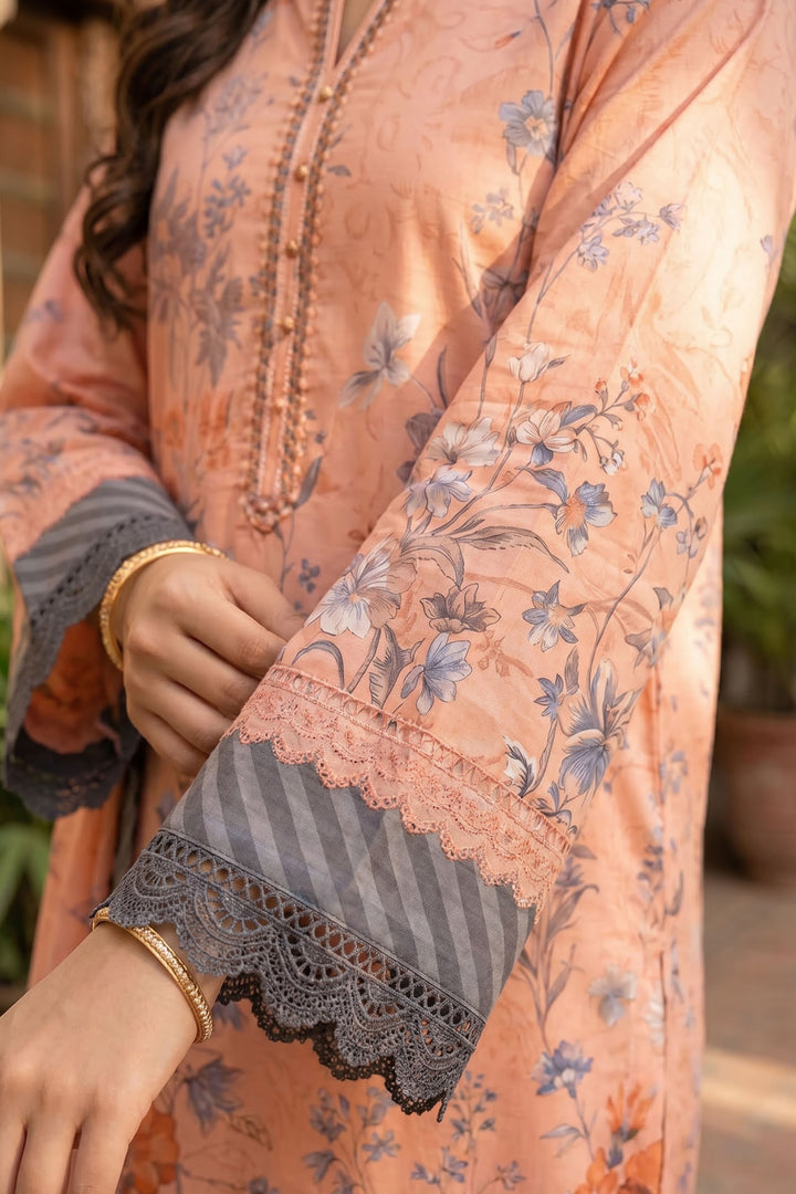 Peach 3 Piece Unstitched Premium Printed Lawn