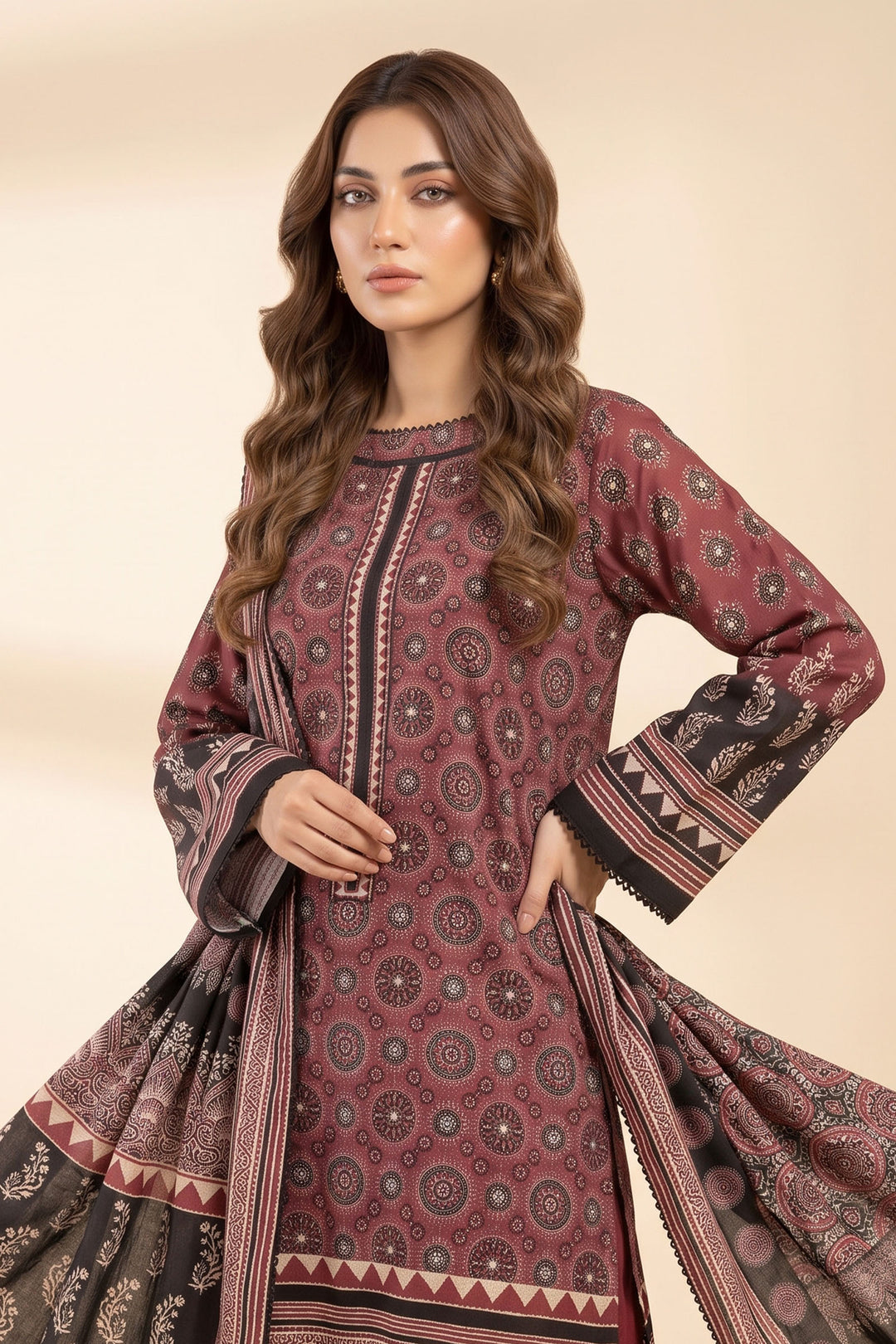3 Piece Unstitched Maroon Premium Linen