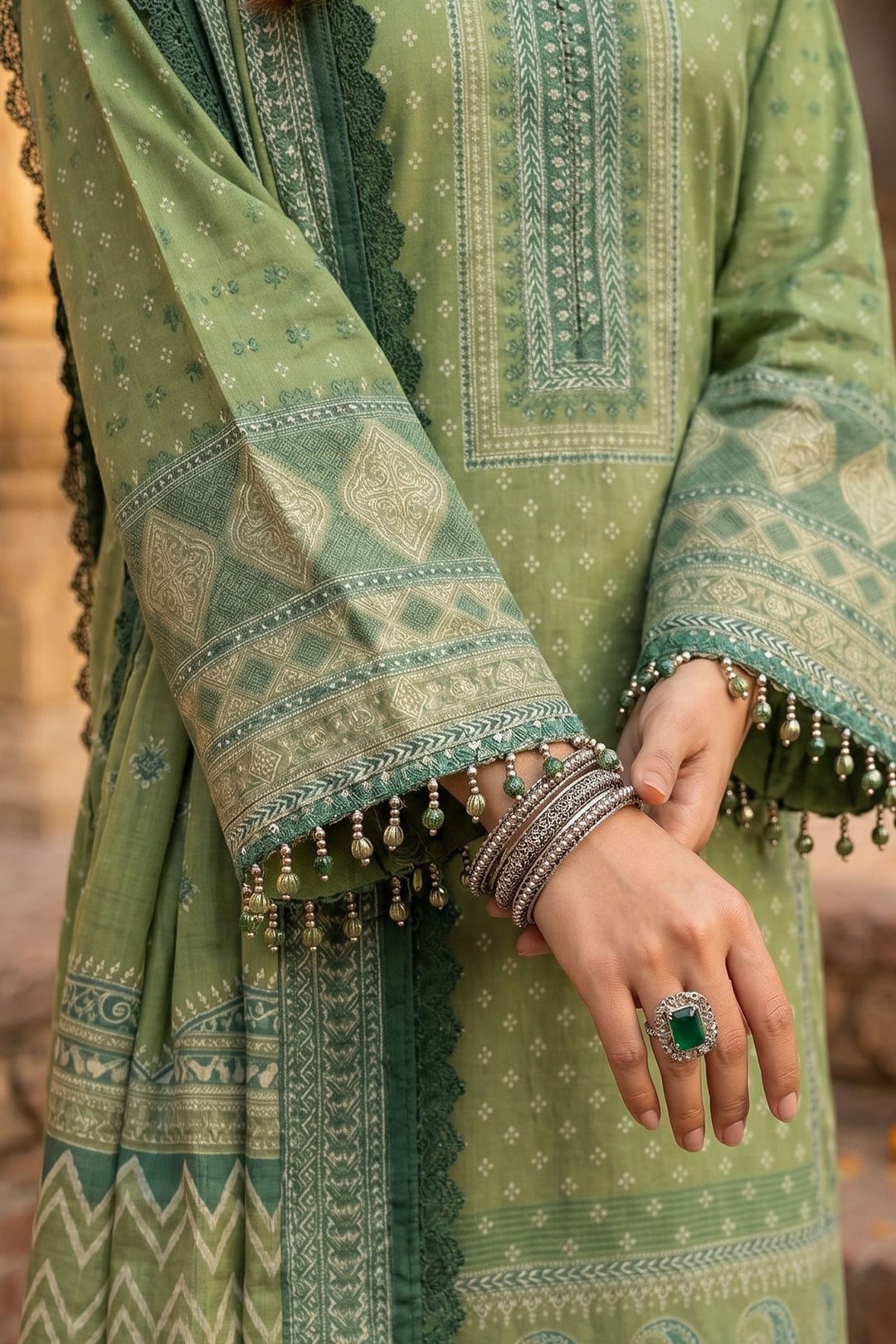 3 Piece Unstitched Green Premium Lawn