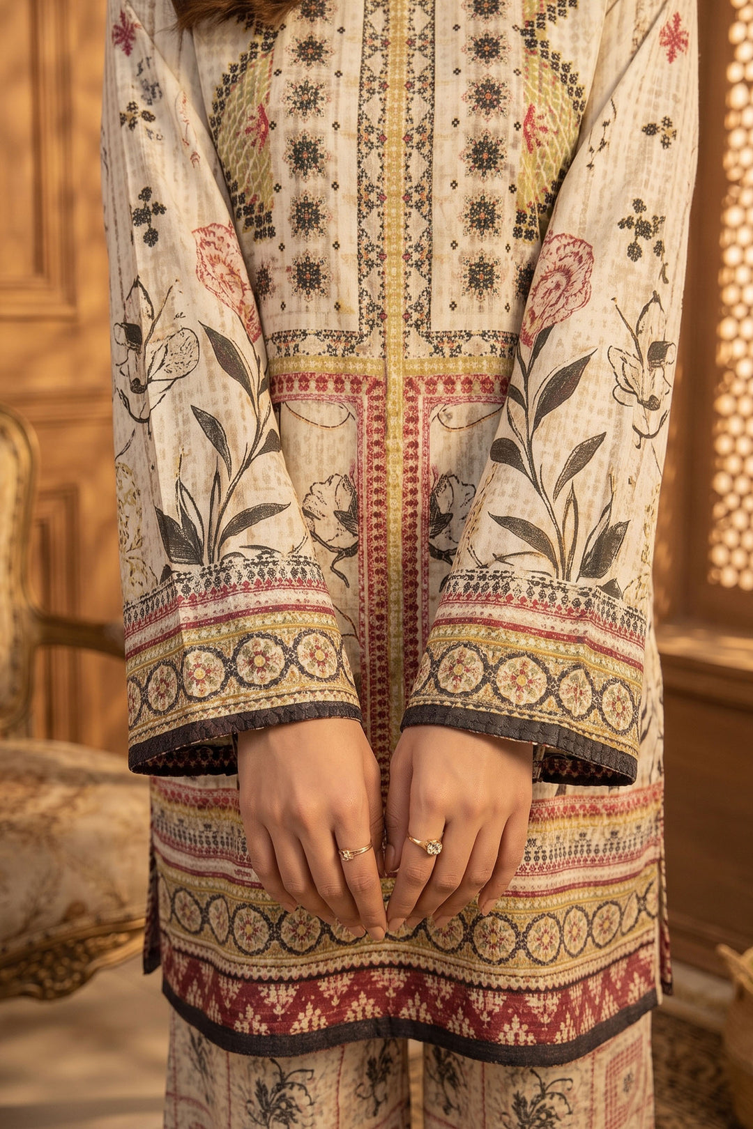 Beige 2 Piece Unstitched Printed Cambric Co-Ord Set