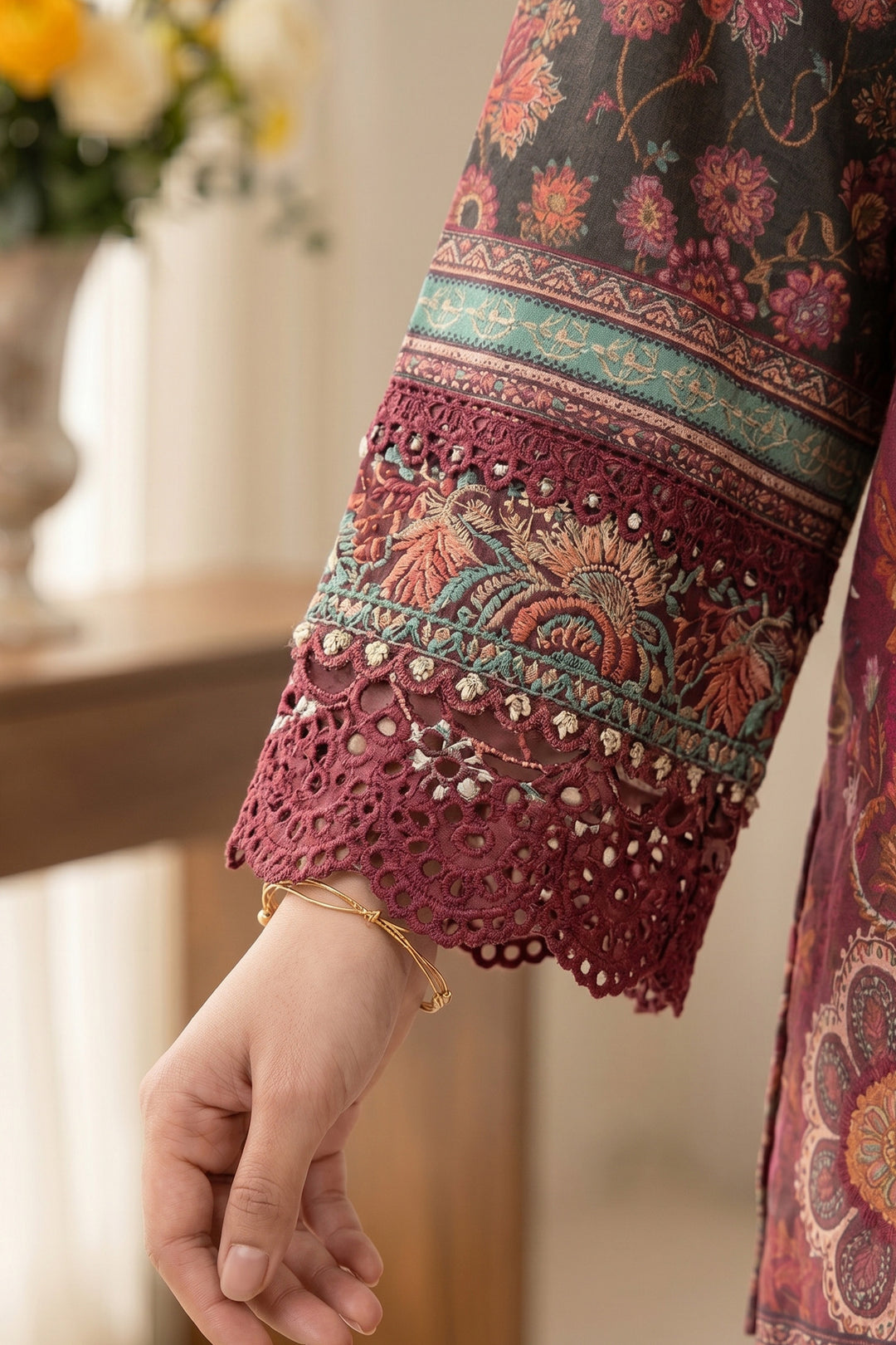 2 Piece Garnet Red Unstitched Printed Cambric Co-Ord Set