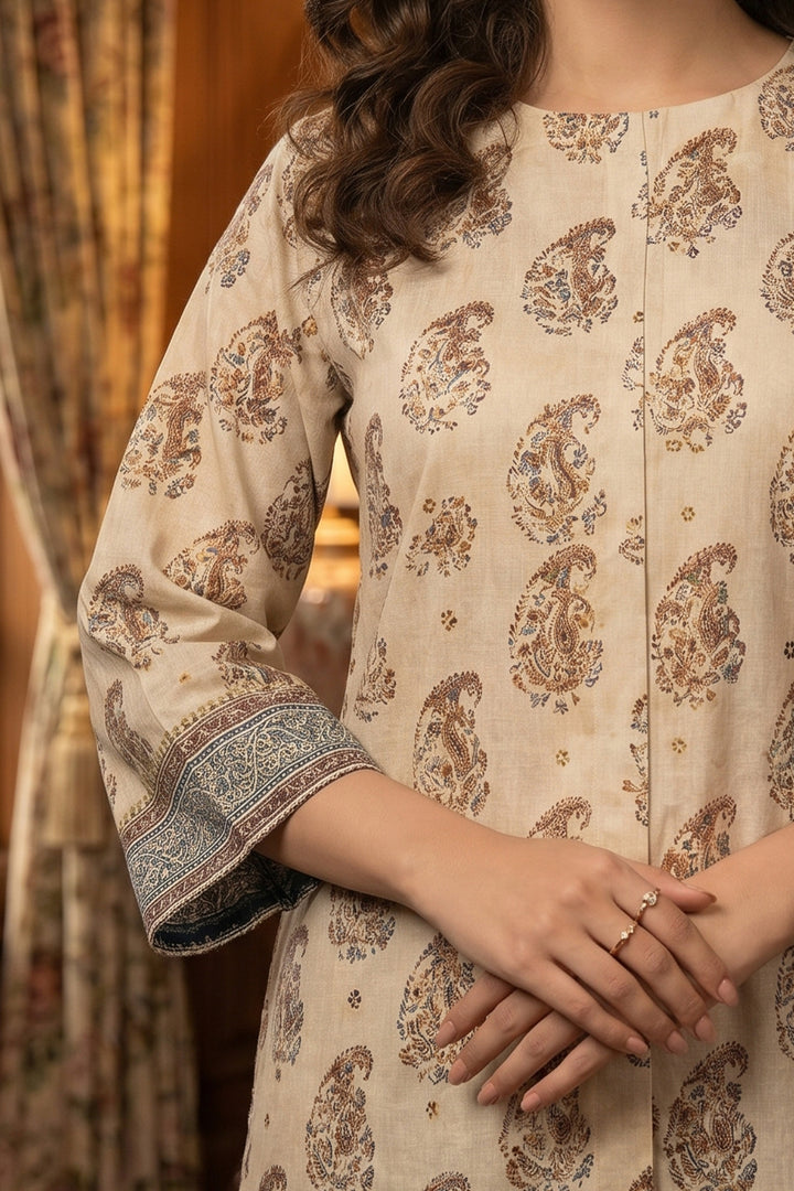 Tan 2 Piece Unstitched Printed Cambric Co-Ord Set