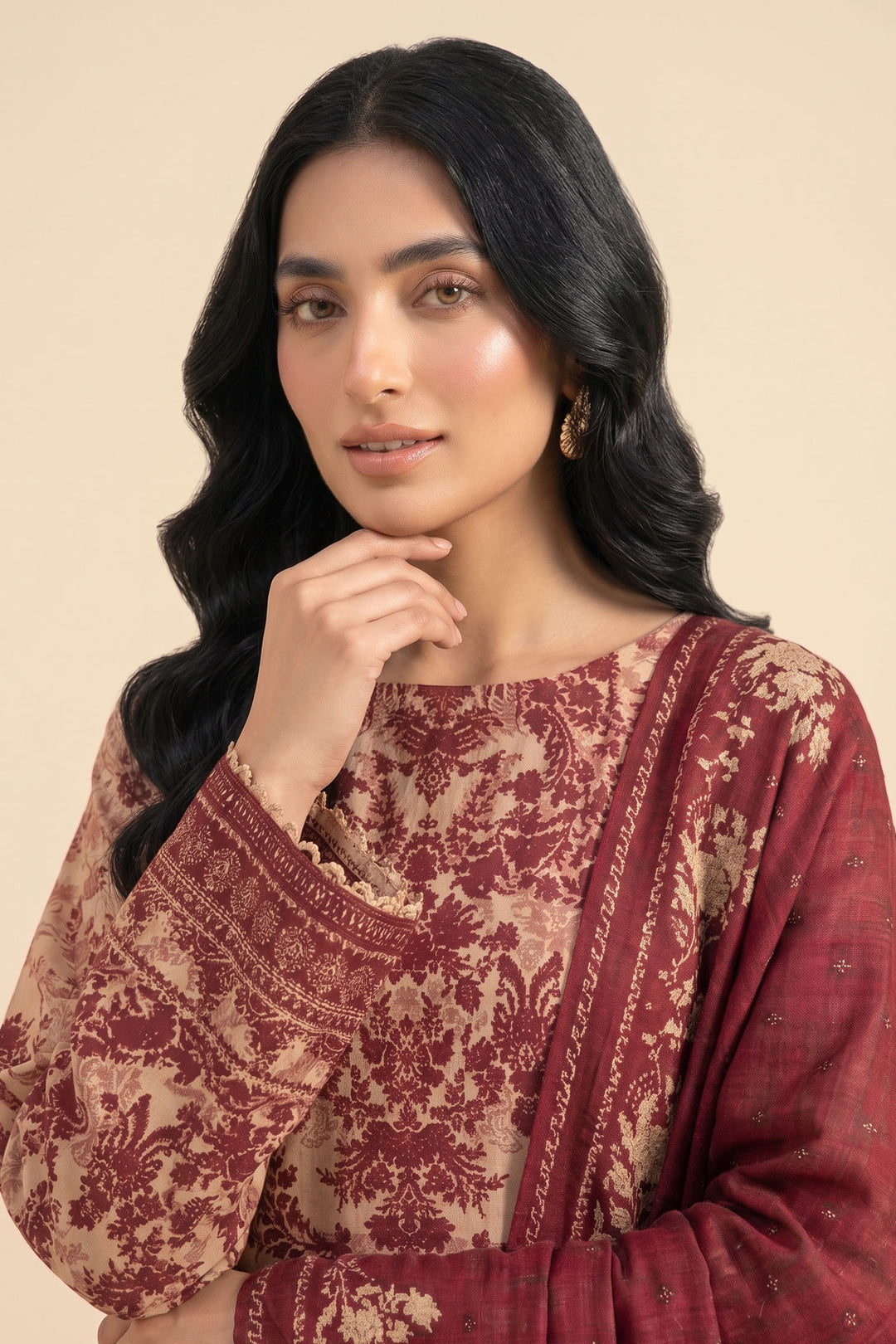 3 Piece Unstitched Beige Premium Linen