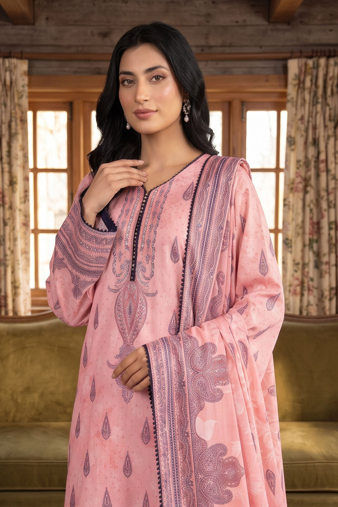 3 Piece Unstitched Pink Premium Linen