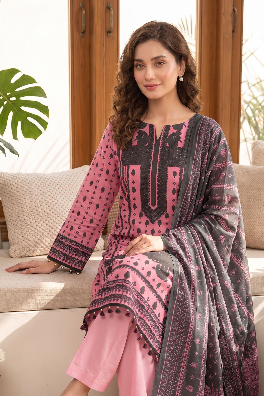 Pink 3 Piece Unstitched Premium Printed Lawn