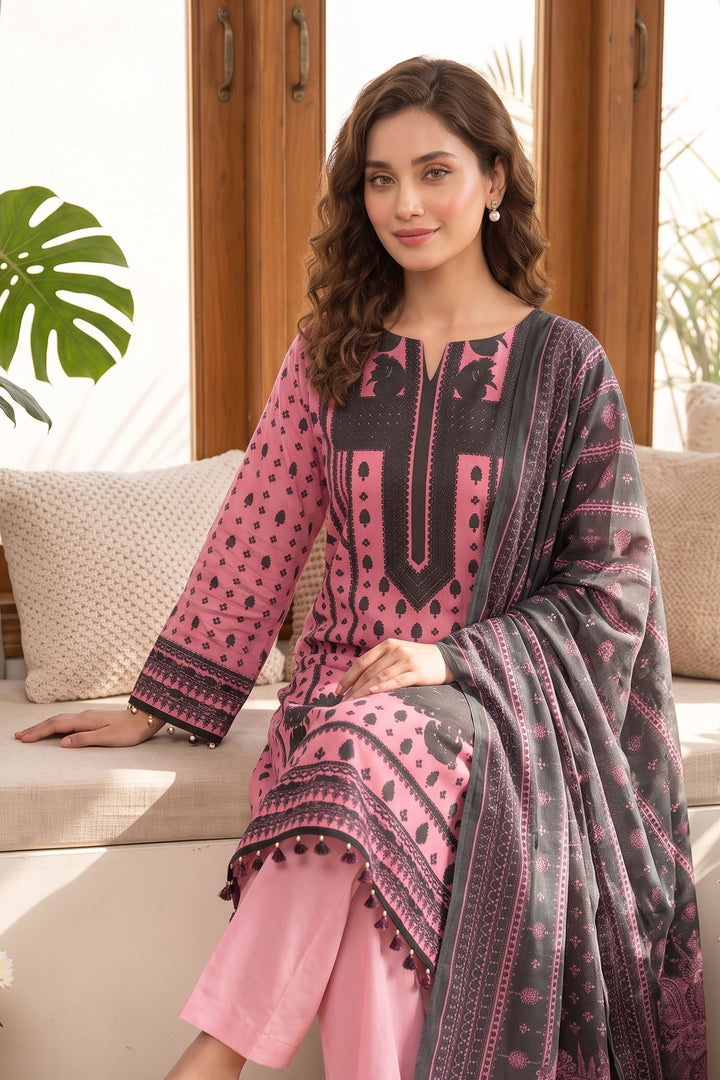 Pink 3 Piece Unstitched Premium Printed Lawn