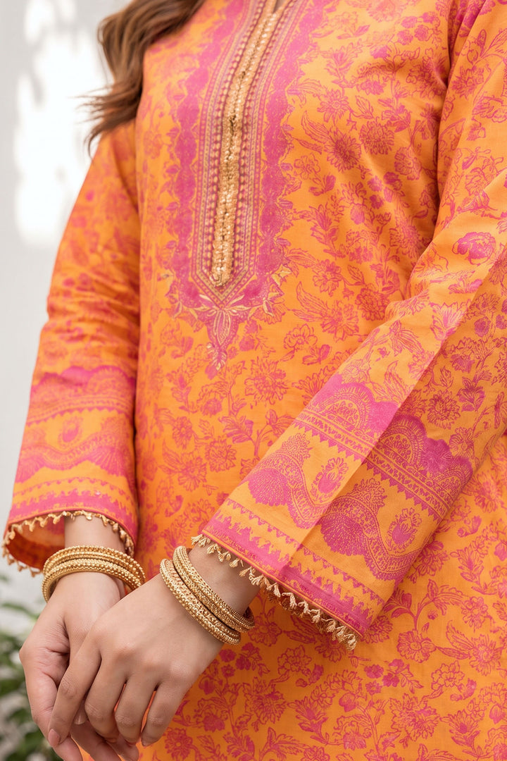 Orange 3 Piece Unstitched Premium Printed Lawn