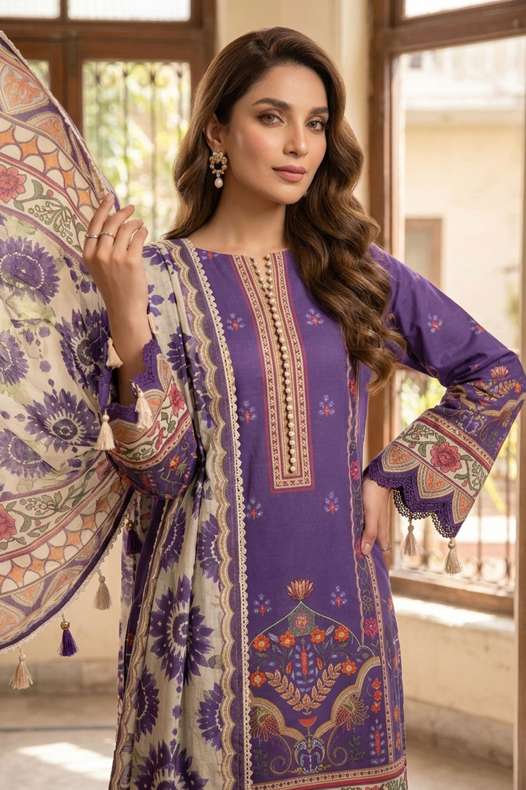 Purple 3 Piece Unstitched Premium Printed Lawn