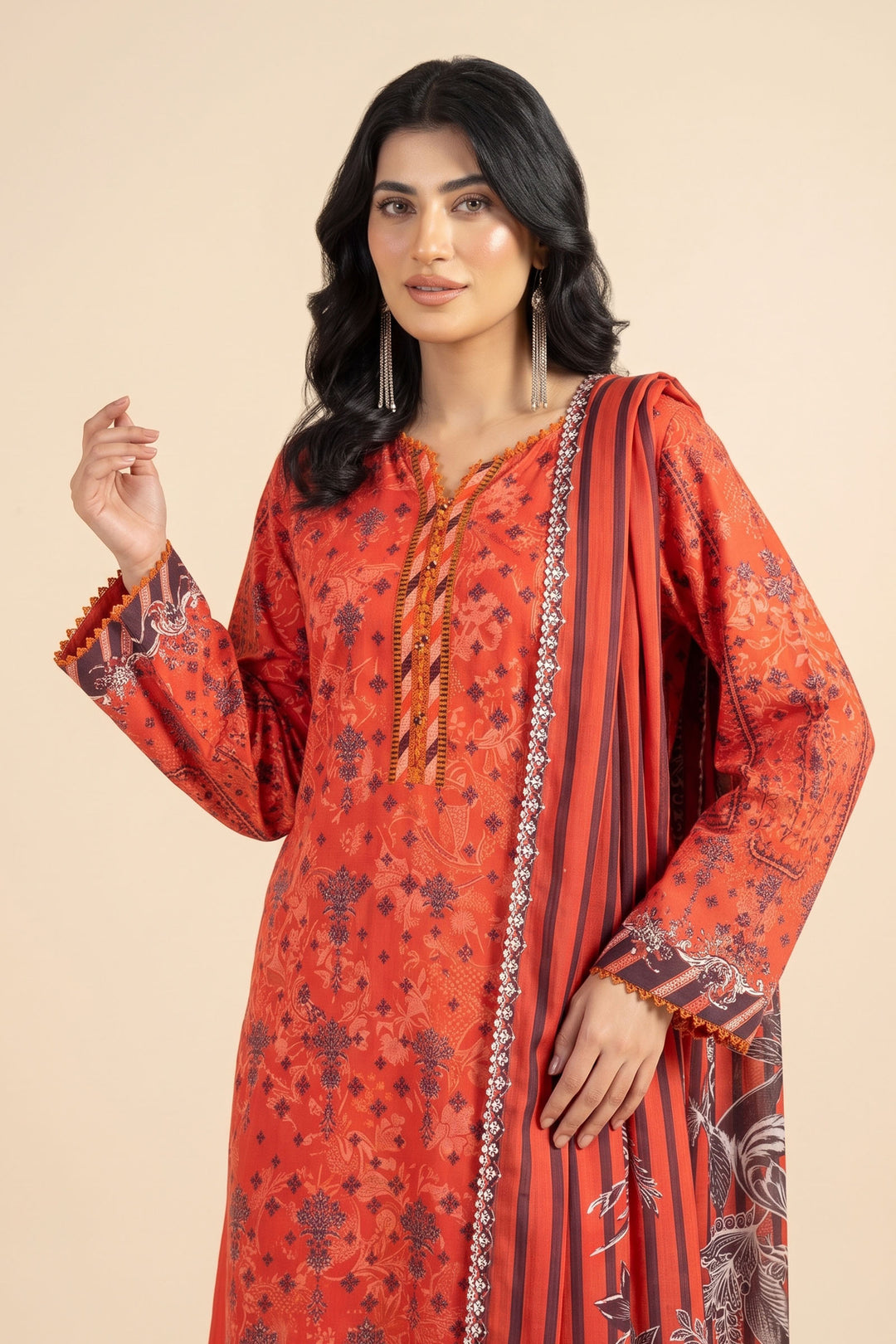 Unstitched 3 Piece Premium Linen Suit - Sunset Orange
