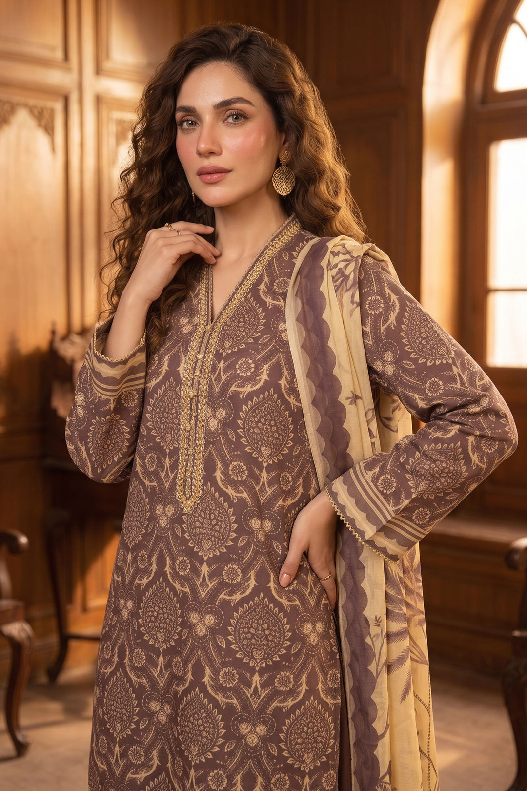 Deep Coffee 3 Piece Unstitched Premium Printed Lawn