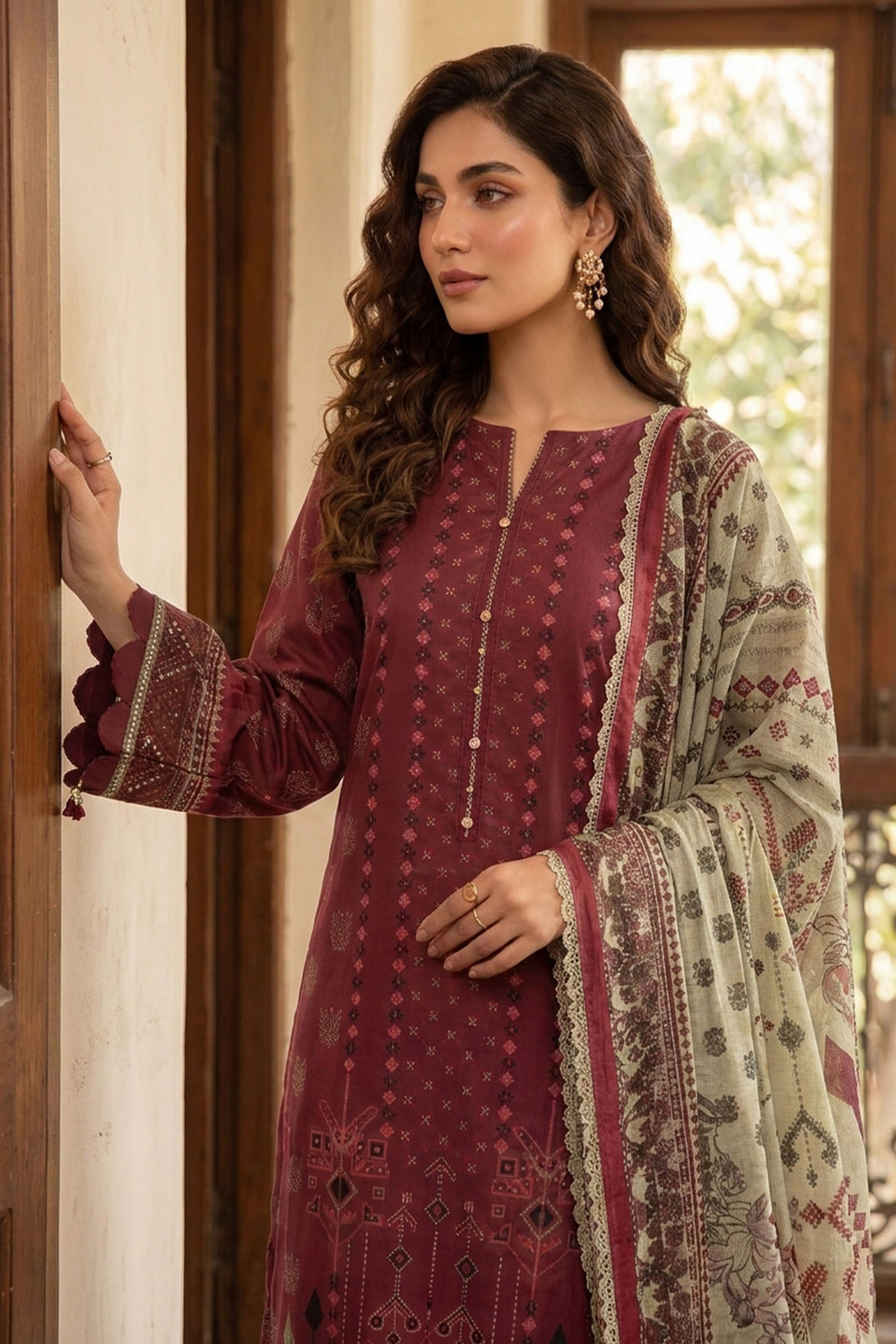 burgundy 3 Piece Unstitched Premium Printed Lawn