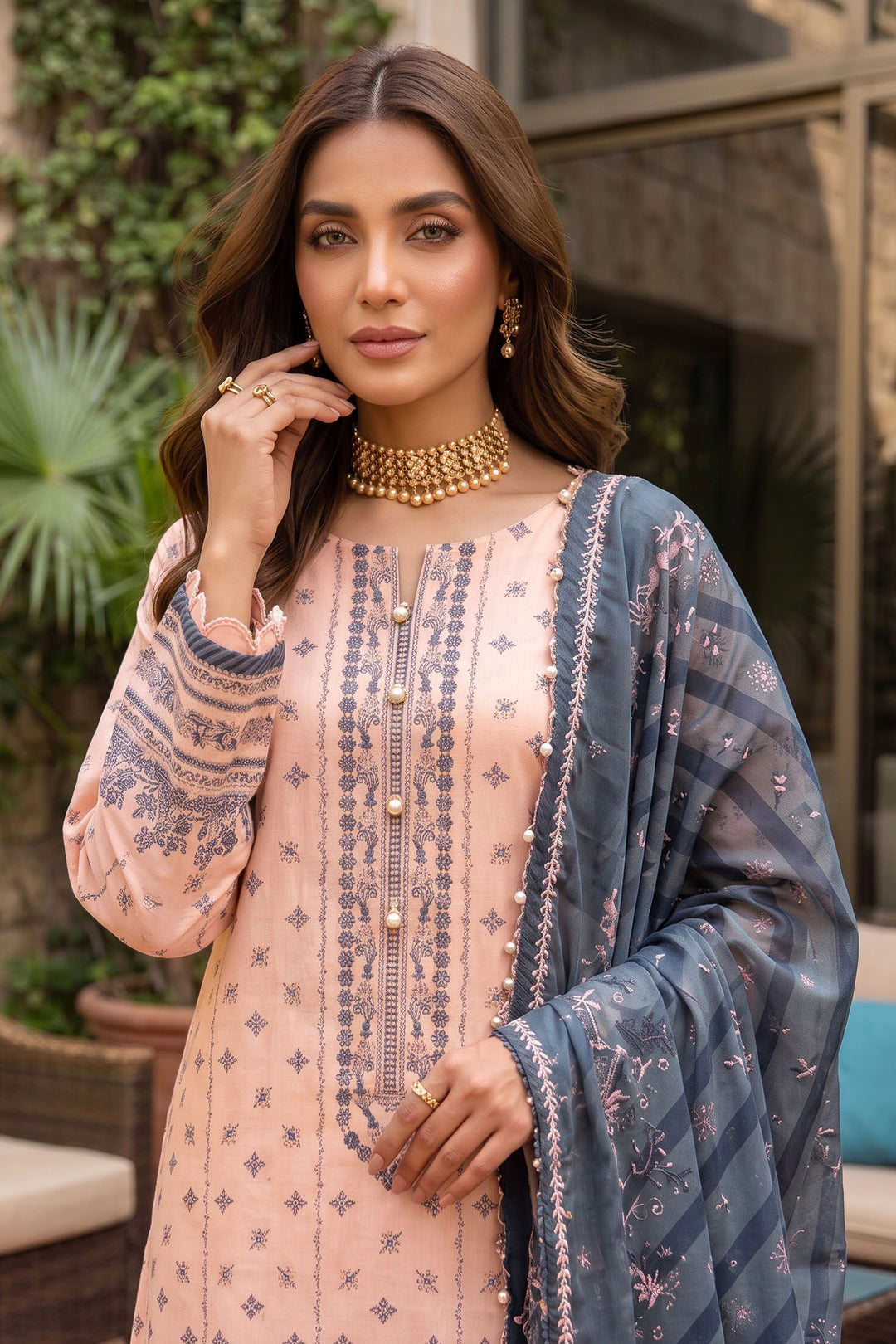 Peach 3 Piece Unstitched Premium Printed Lawn