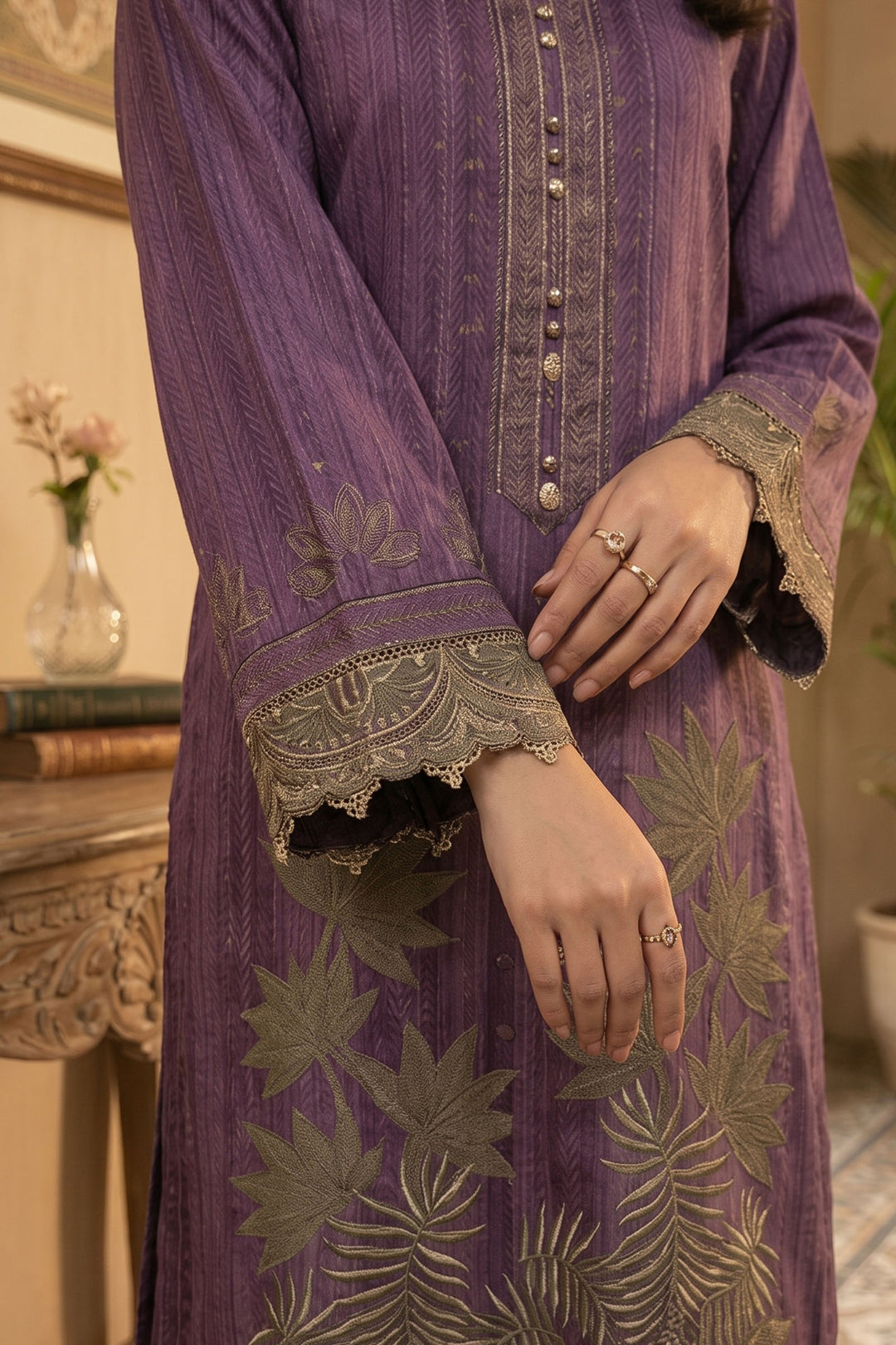Purple 2 Piece Unstitched Printed Cambric Co-Ord Set