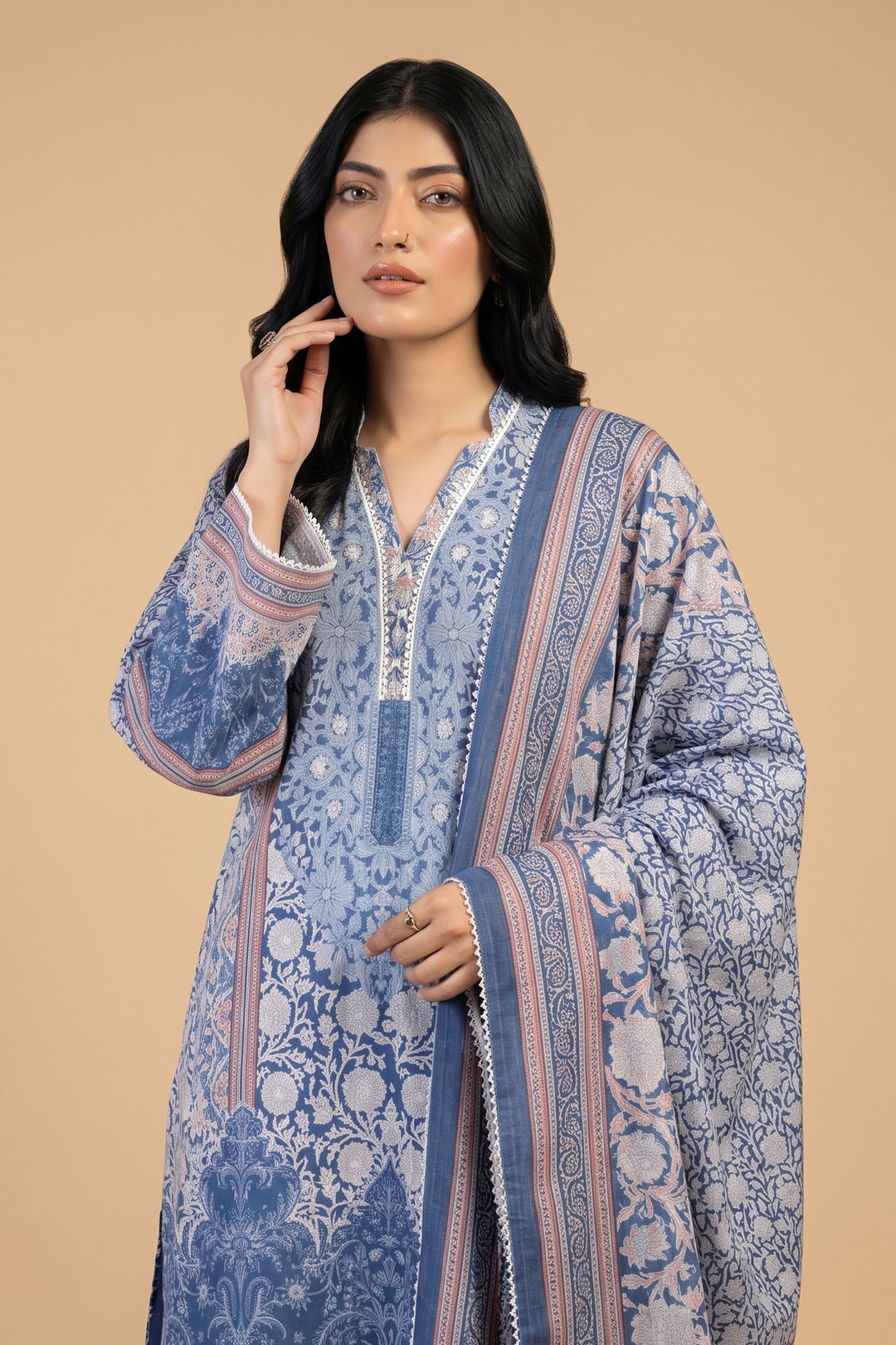 3 Piece Unstitched Denim Blue Khaddar