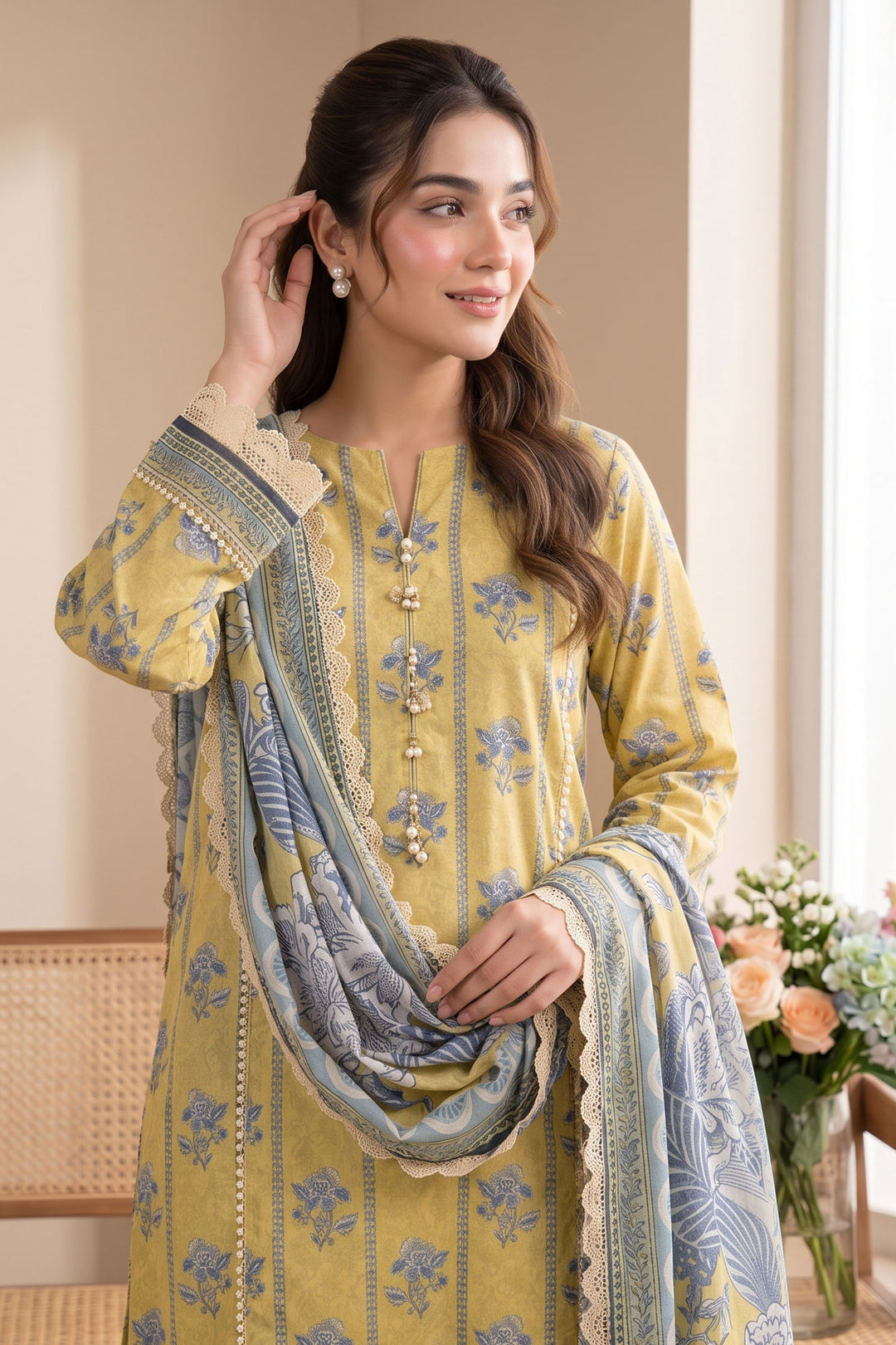 Yellow 3 Piece Unstitched Premium Printed Lawn