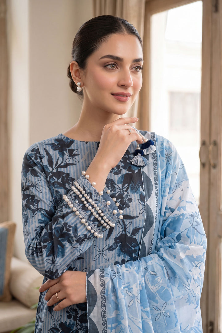 Blue 3 Piece Unstitched Premium Printed Lawn