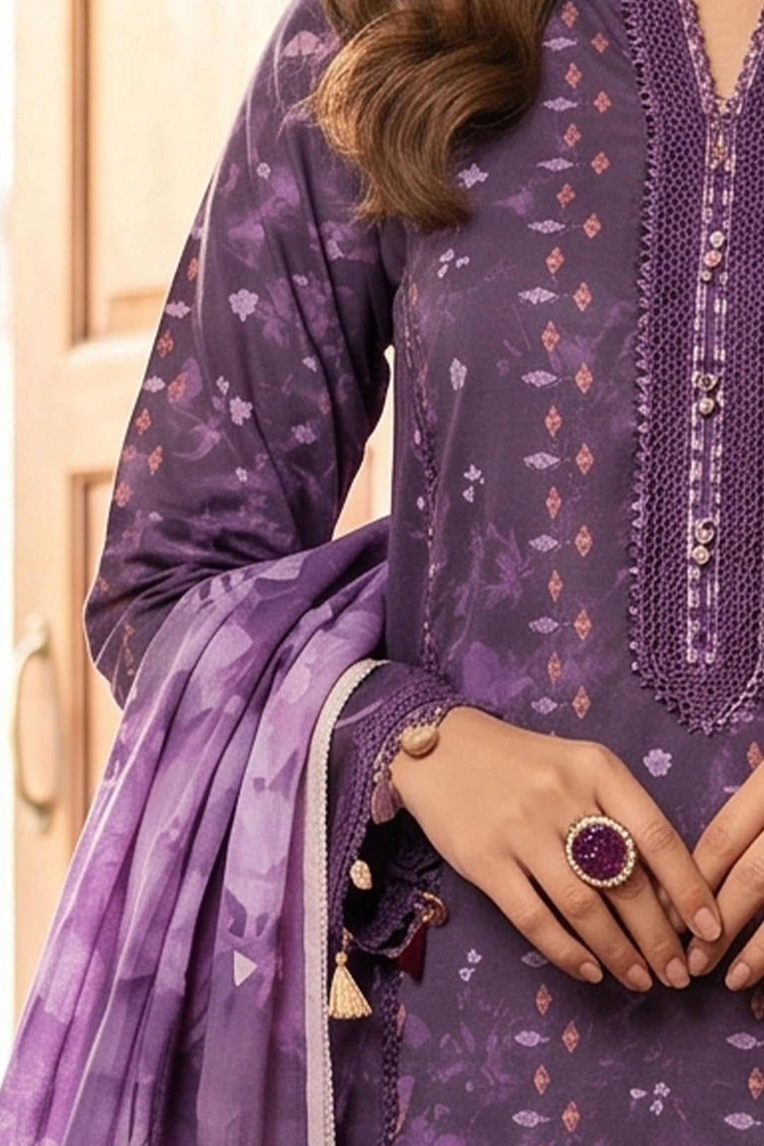 Purple 3 Piece Unstitched Premium Printed Lawn