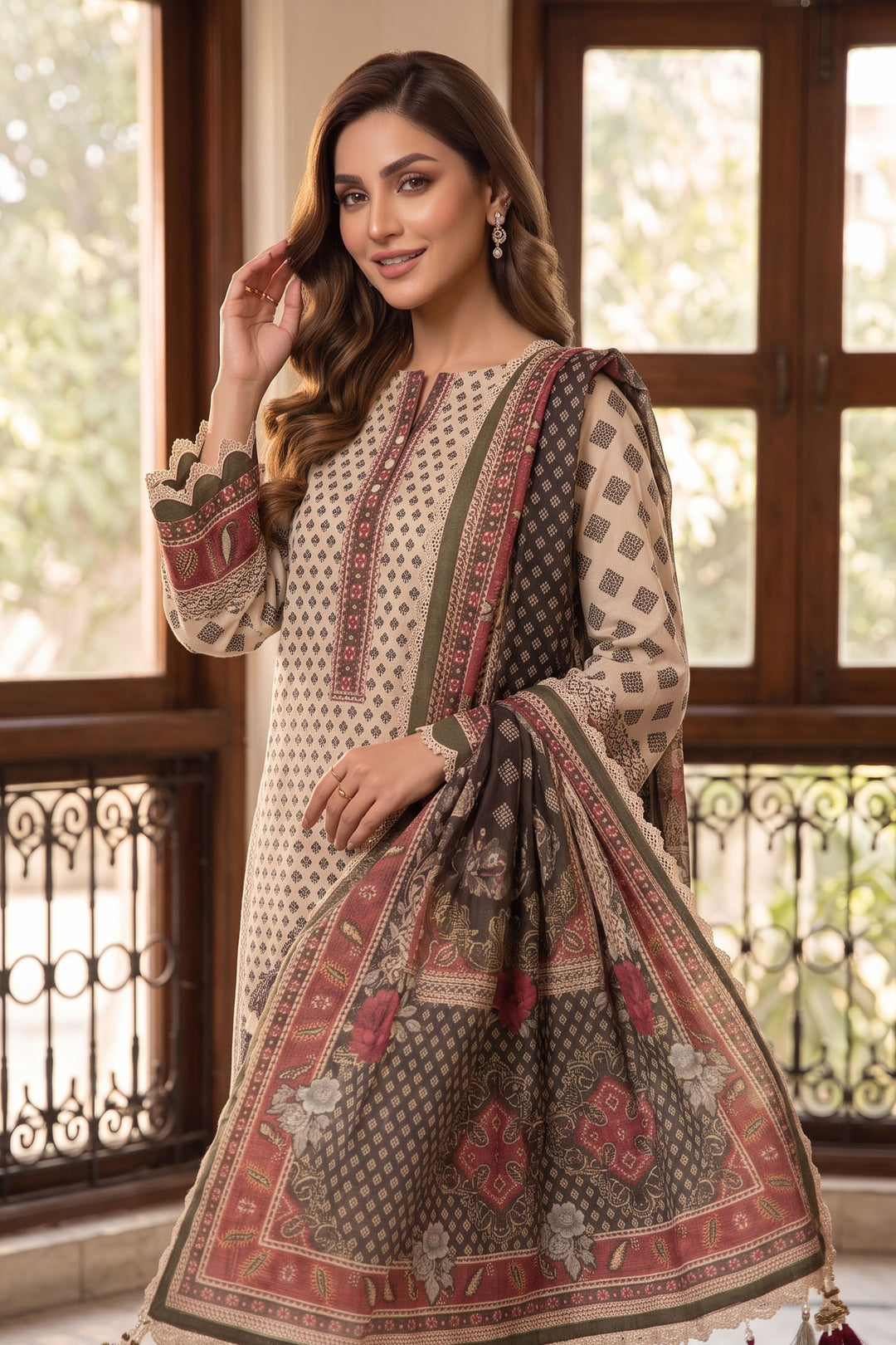 Beige 3 Piece Unstitched Premium Printed Lawn