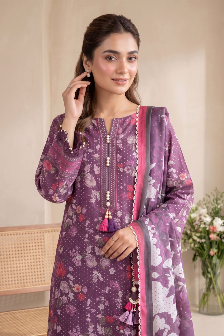 Purple 3 Piece Unstitched Premium Printed Lawn