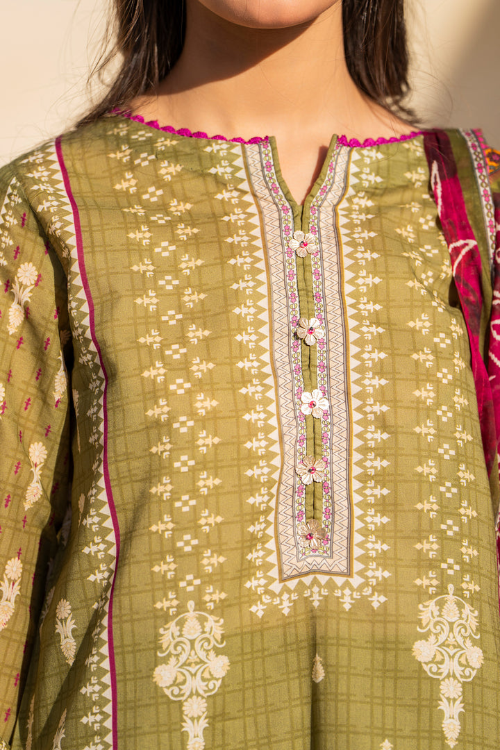 3 Piece Unstitched Olive Premium Lawn