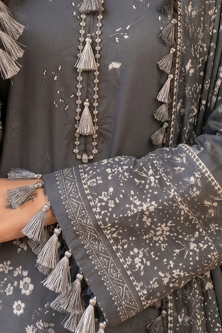 3 Piece Unstitched Grey Premium Lawn