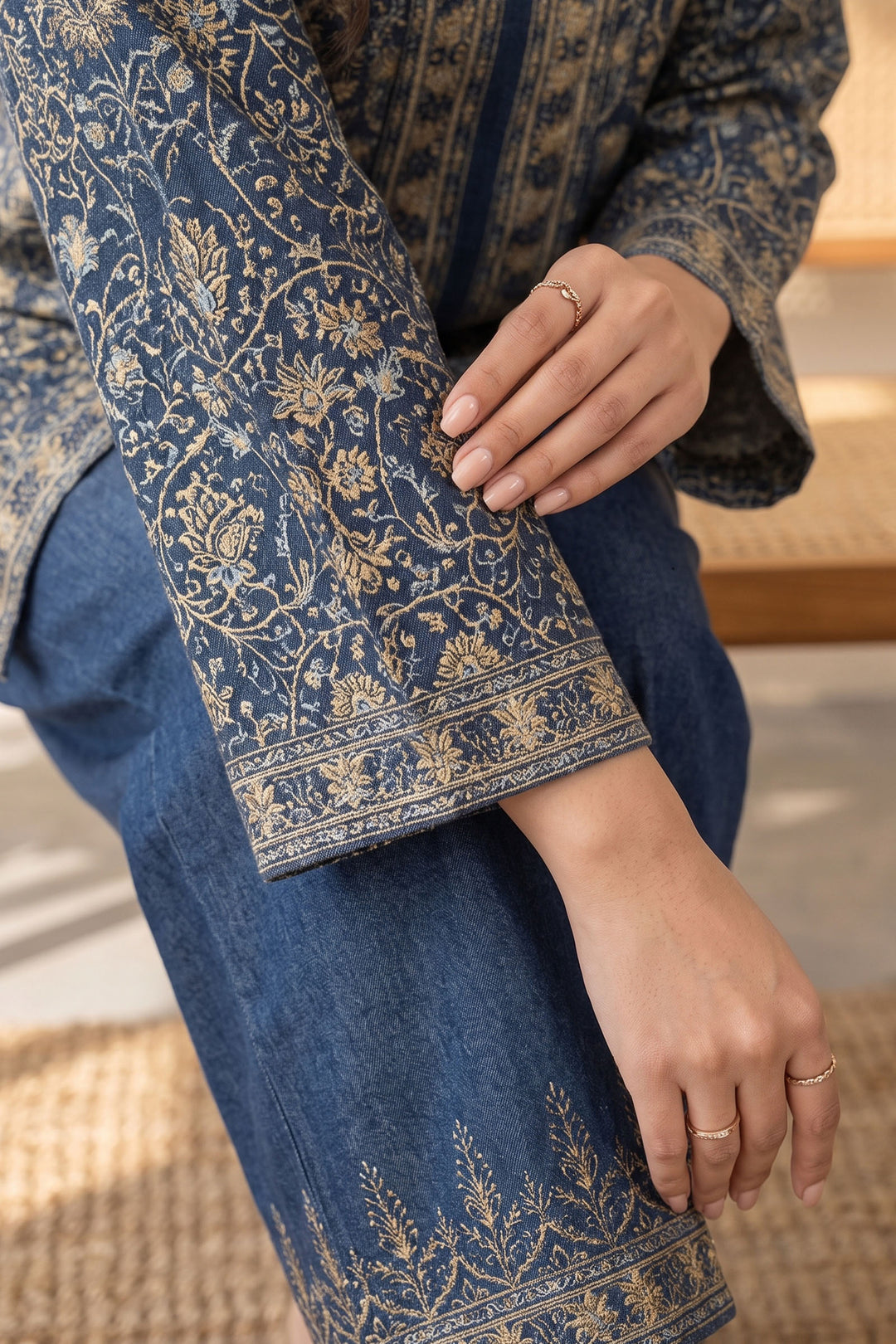 Blue 2 Piece Unstitched Printed Cambric Co-Ord Set