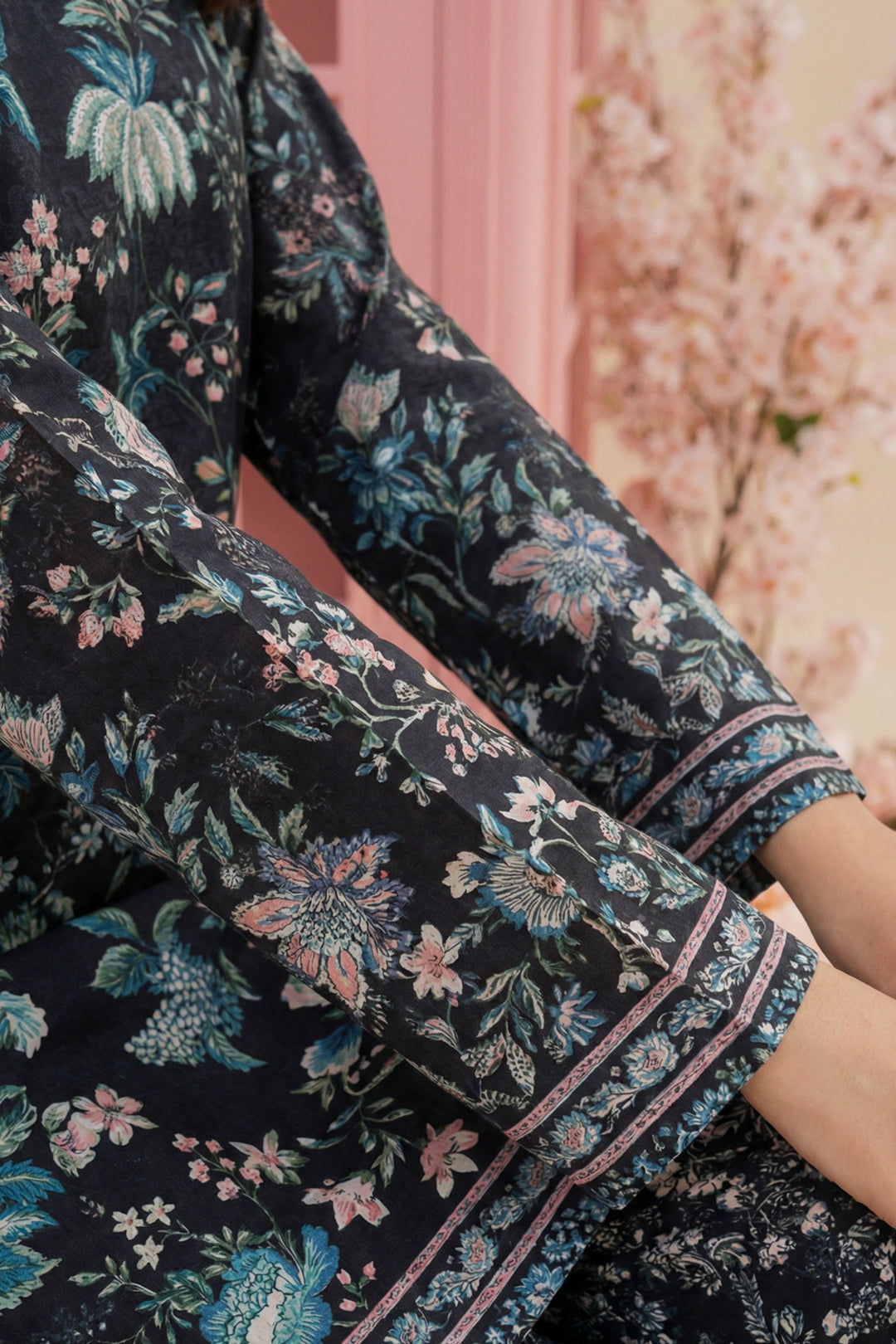 Black 2 Piece Unstitched Printed Cambric Co-Ord Set
