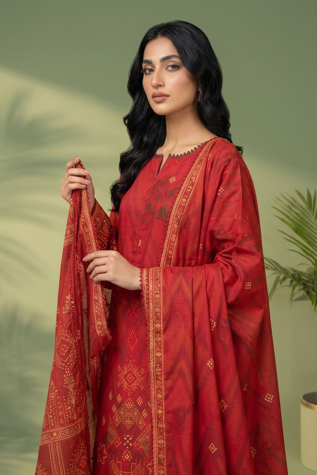 3 Piece Unstitched Red Premium Linen